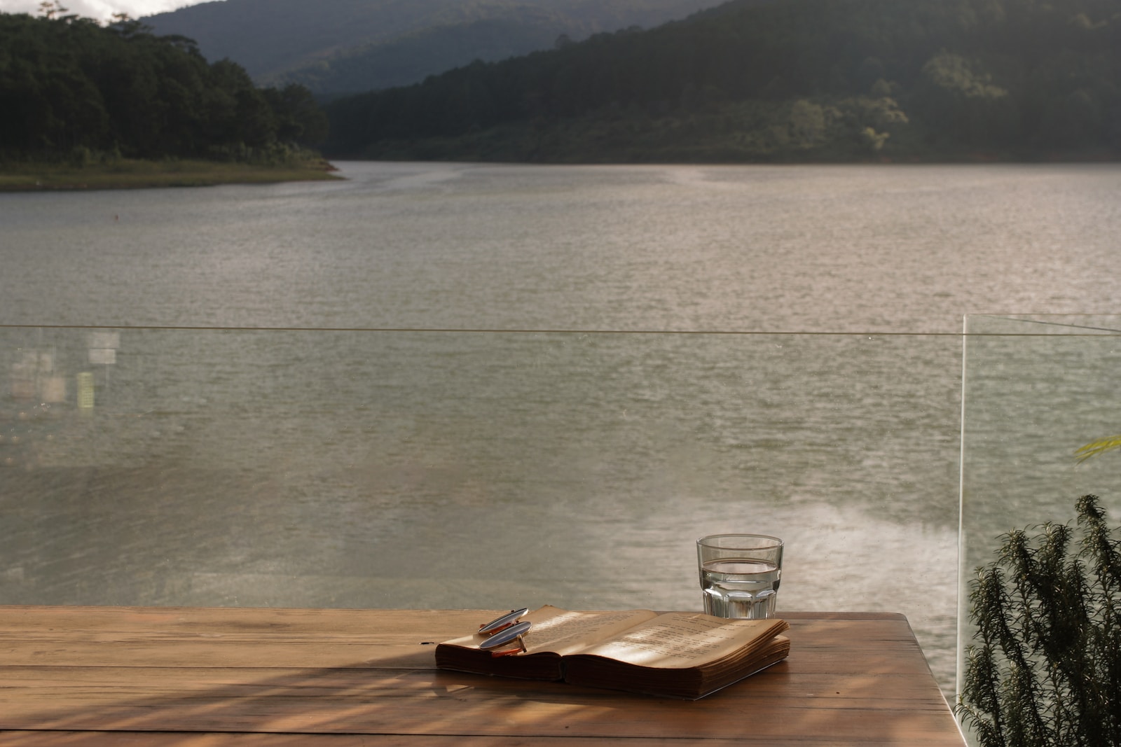 clear drinking glass on brown wooden table near body of water during daytime